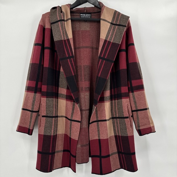 Frank Lyman Cardigan Plaid Womens M Black Red Tan Long Sleeve Hooded Open Front - Picture 1 of 7
